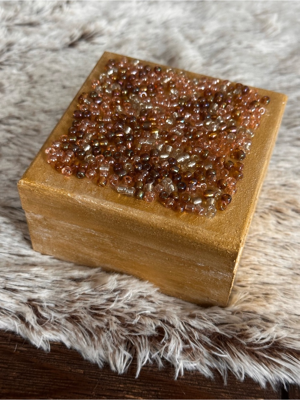 Hand Crafted Gold Beaded Trinket Box with Amber Accents